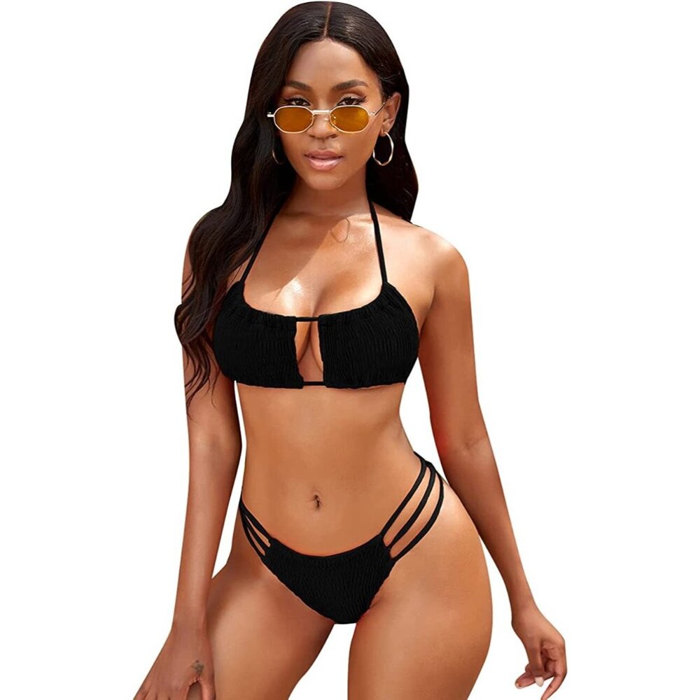 NAFLEAP Womens SMALL Black Smocked Bandeau Halter String Brazilian BIKINI NWT